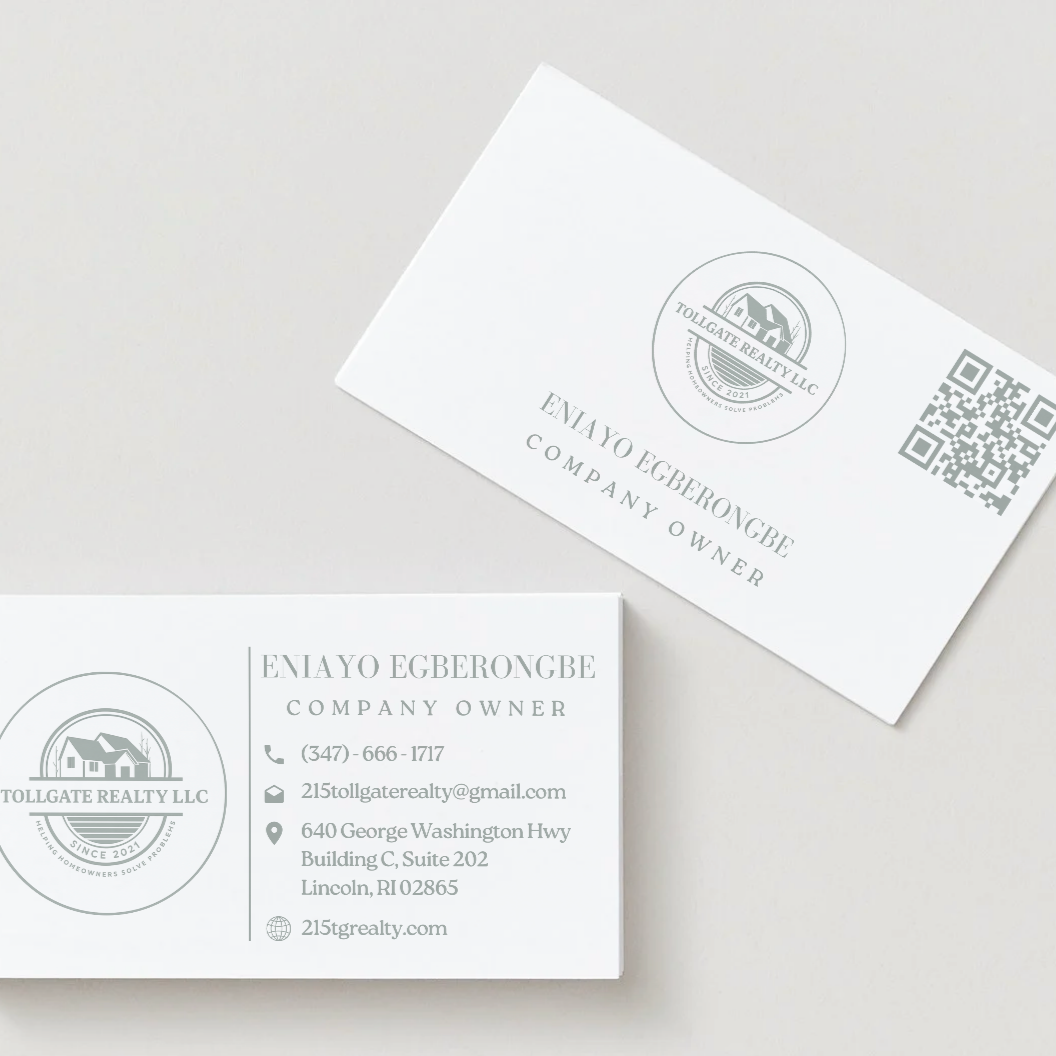 Business cards for Tollgate Realty LLC, featuring the company logo and contact information for Enayo Egberonbe, including phone number, email, address, and website.