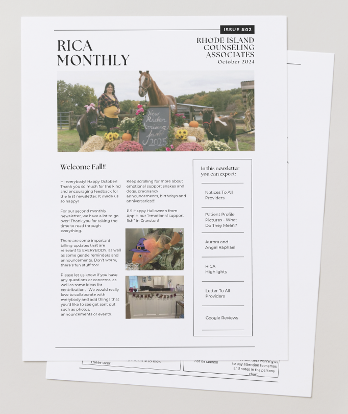 Monthly newsletter titled 'RICA MONTHLY' from Rhode Island Counseling Associates for October 2024, featuring a cover photo of a woman with a horse and ponies in a field, decorated with pumpkins and flowers, with headline welcoming fall.