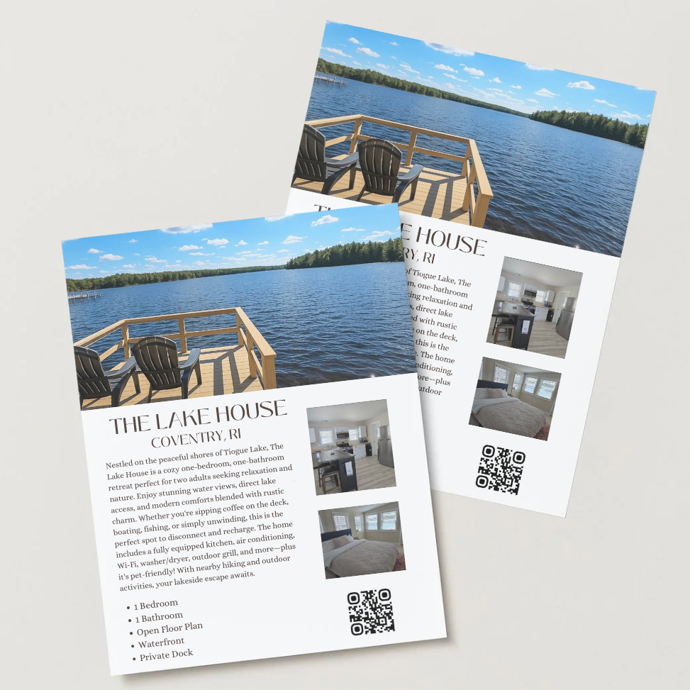 Flyer advertising a lake house rental in Coventry, Rhode Island, with images of a waterfront view from the deck and interior rooms including a kitchen and bedroom.