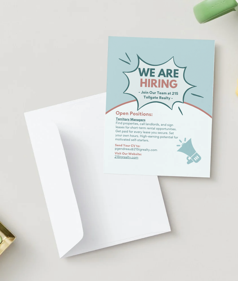 A flyer on top of a blank white sheet of paper, announcing job openings for a real estate company, with contact email and website.