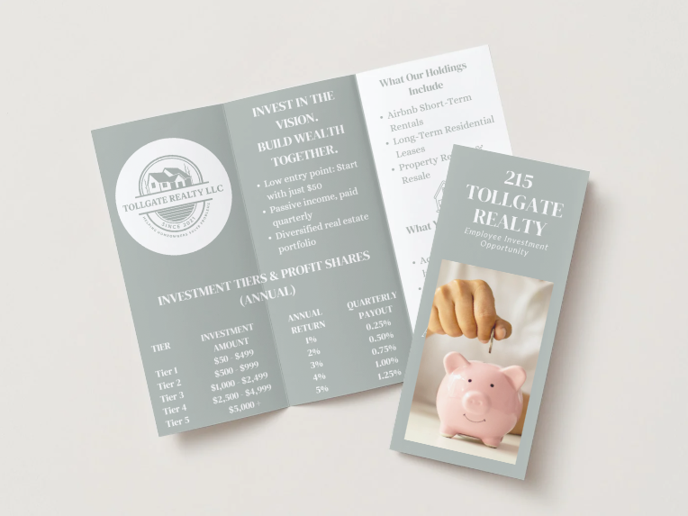 Brochure and flyer for Tollgate Realty LLC showcasing investment opportunity, profit tiers, and real estate development services, with a piggy bank image on the flyer.