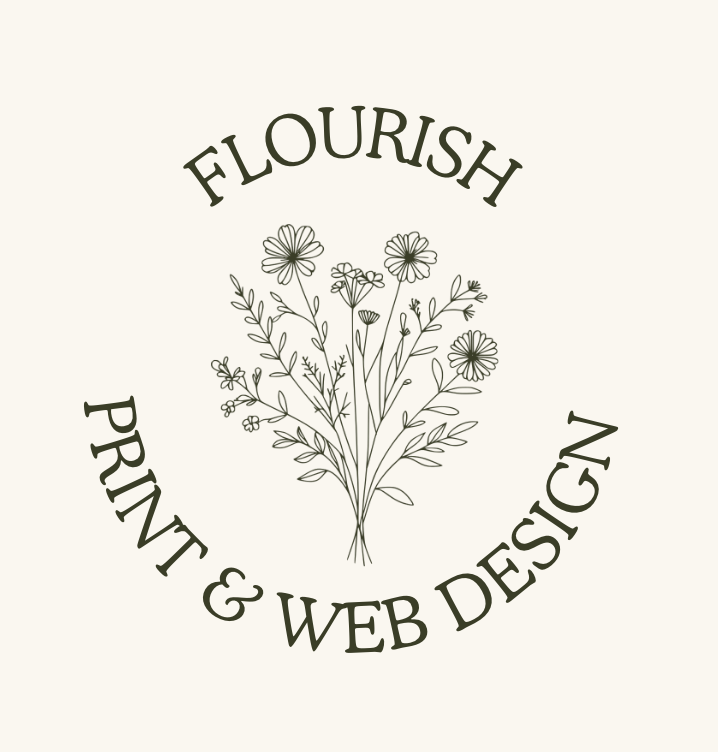 A logo with a bouquet of wildflowers in the center, surrounded by the text 'Flourish Print & Web Design' in a circular arrangement.