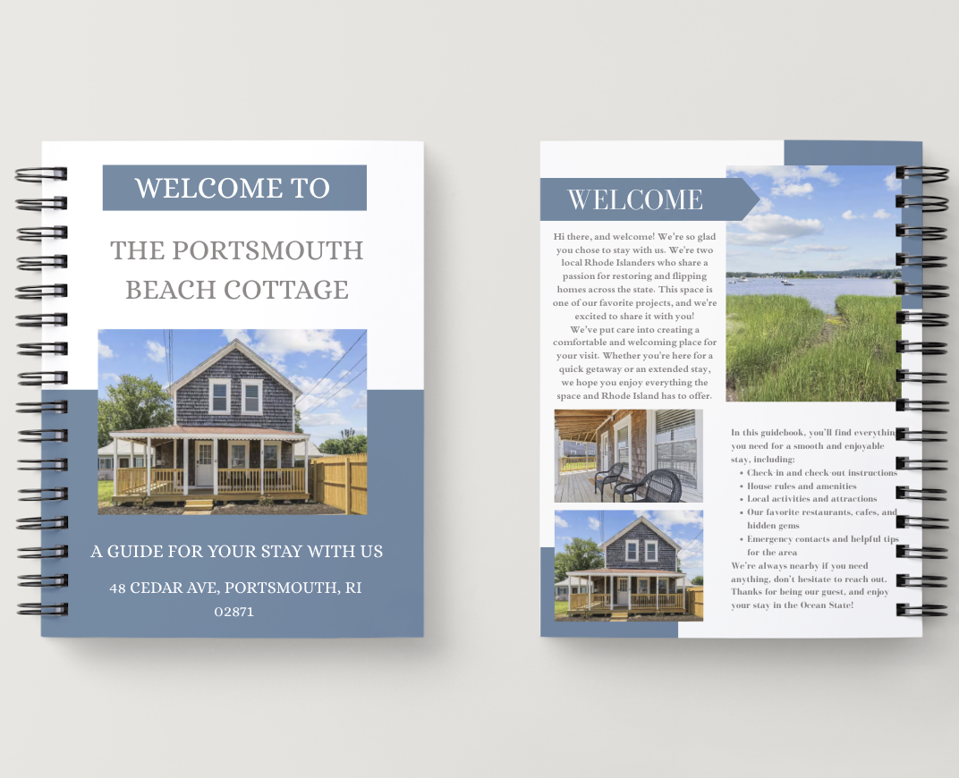 Brochure for Portsmouth Beach Cottage featuring images of the house, a beach scene, and interior seating area.