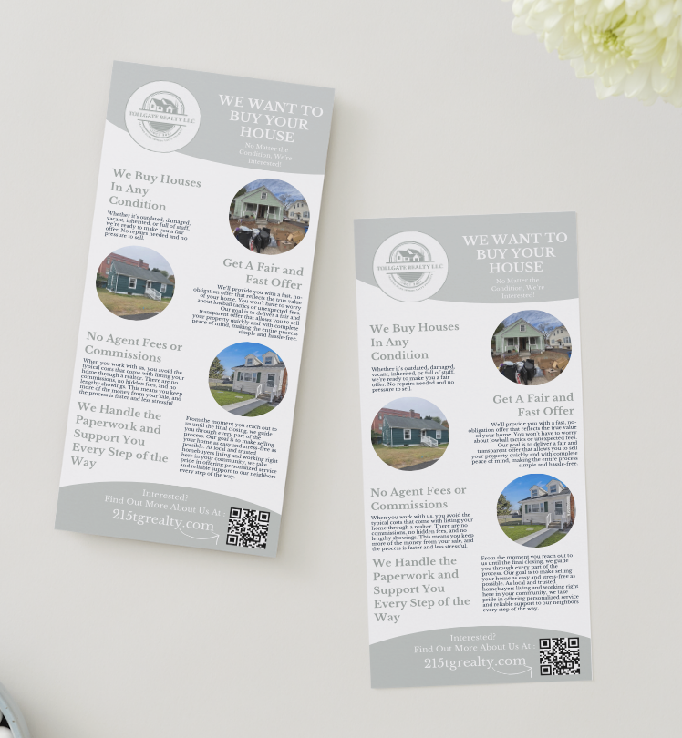 Flyers advertising real estate services from Tollgate Realty LLC, highlighting their ability to buy houses in any condition with no agent fees or commissions, offering fair and fast offers, and emphasizing handling paperwork and support. The flyers include a website URL and QR code.