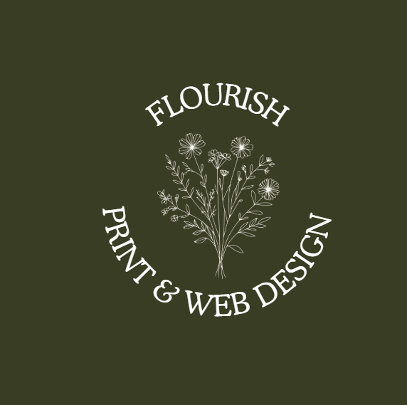 Green background with a white line drawing of a flower bouquet. The text "FLORISH PRINT & WEB DESIGN" surrounds the bouquet in a circular pattern.