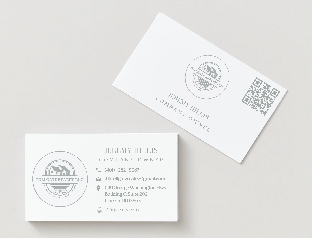 Business cards for Tollgate Realty LLC, featuring the logo of a house with a roof, chimney, and circular design, with contact information for Jeremy Hillis, including phone number, email, address, and website.