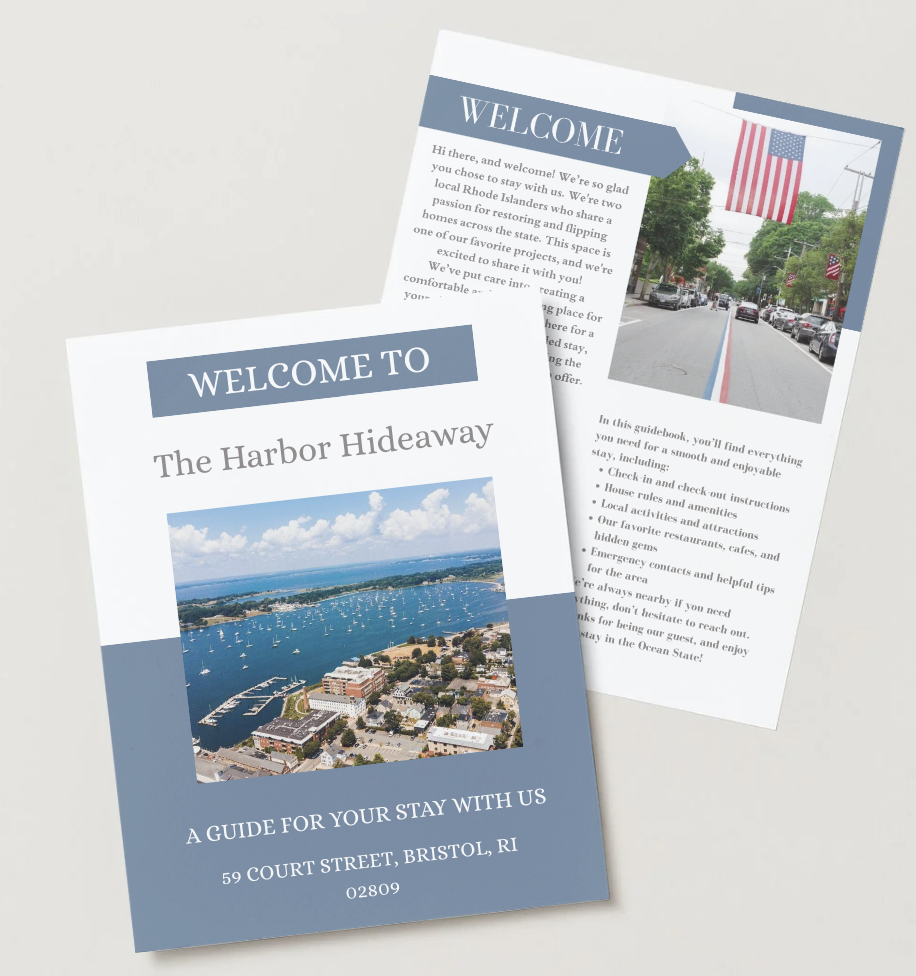 Brochure for Harbor Hideaway in Bristol, Rhode Island, with an aerial view of the harbor and sailboats, and a street scene with American flags.