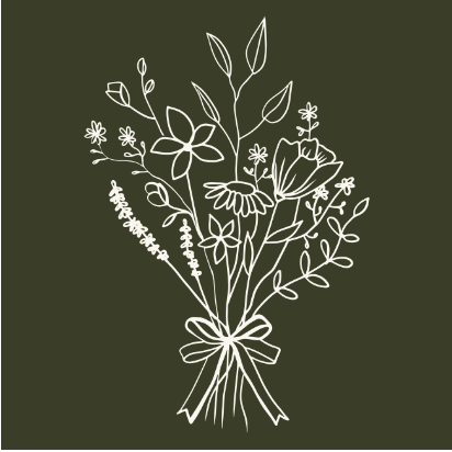 White outline drawing of a bouquet of various flowers and leaves tied with a bow against a dark green background.