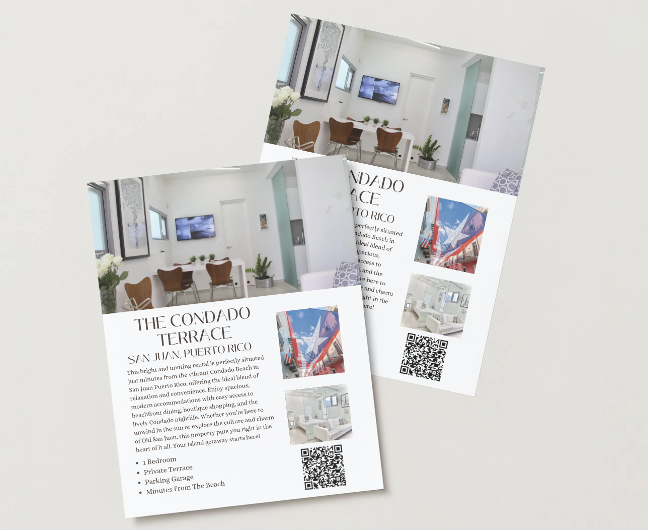 Flyers showcasing an interior space with a modern living area, featuring a TV, dining area, and plants, advertising The Condado Terrace in San Juan, Puerto Rico, with images of colorful street art and a QR code.