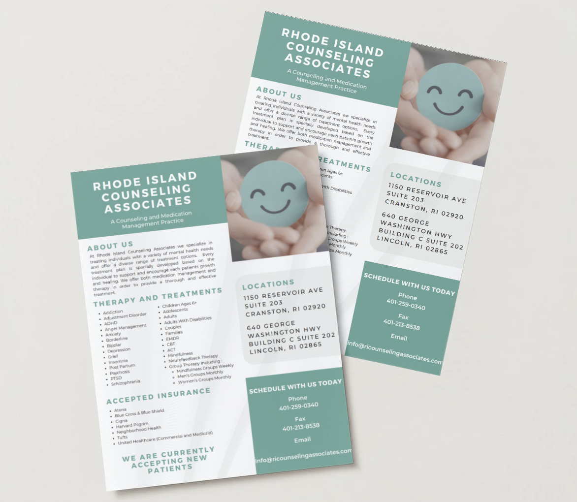 Flyers for Rhode Island Counseling Associates with information about their services, locations, contact details, and treatments offered. The flyer features a smiling face icon.
