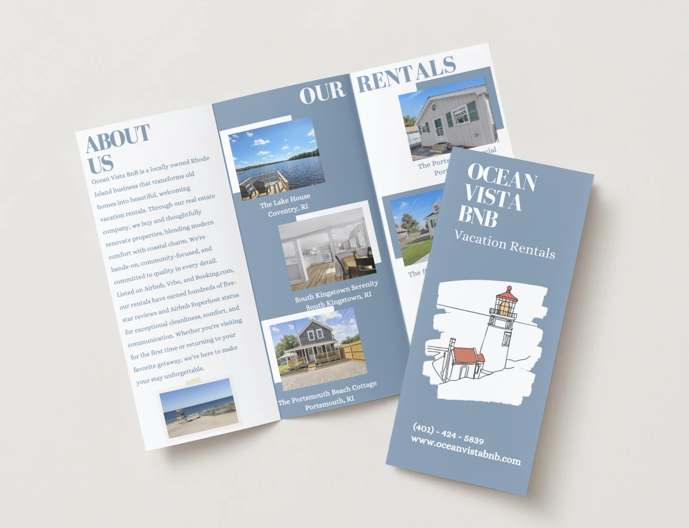 Beach brochure and flyer for Ocean Vista BnB vacation rentals with images of a lake house, a cottage, and a lighthouse.