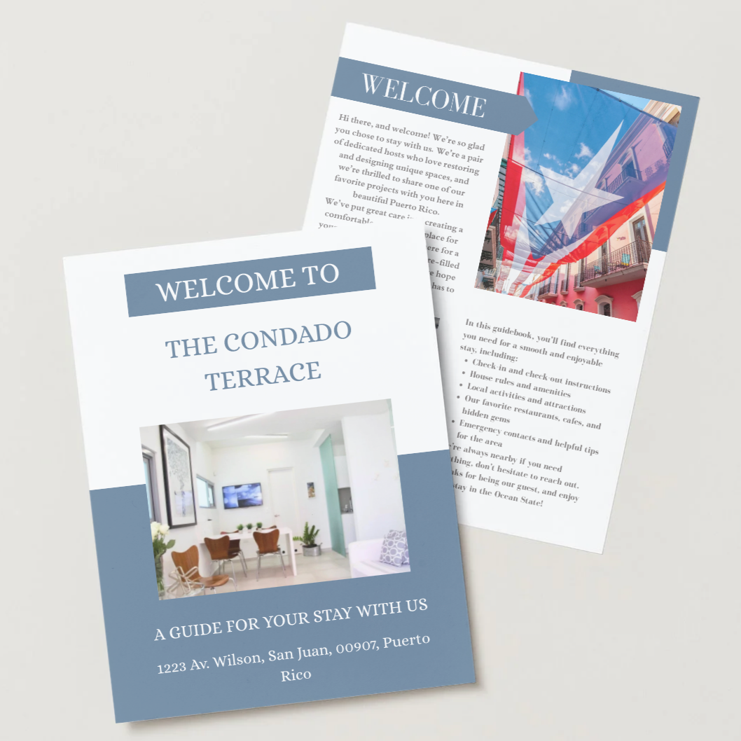 Tourist brochure for Condado Terrace in Puerto Rico, featuring a photo of the interior, a welcome message, and a photo of colorful buildings with a striped awning.