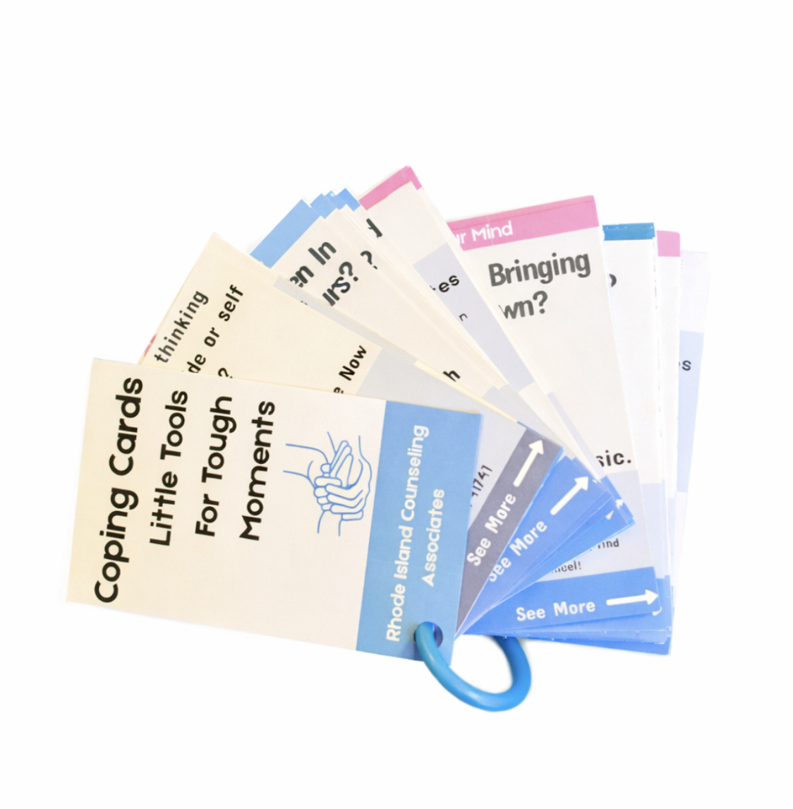 A fanned collection of colorful cue cards with text about coping tools for tough moments, sponsored by Rhode Island Counseling Associates, with a blue ring at the bottom.
