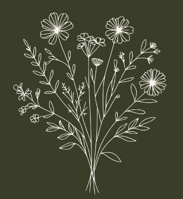 White outline of various flowers and leaves on a dark green background.