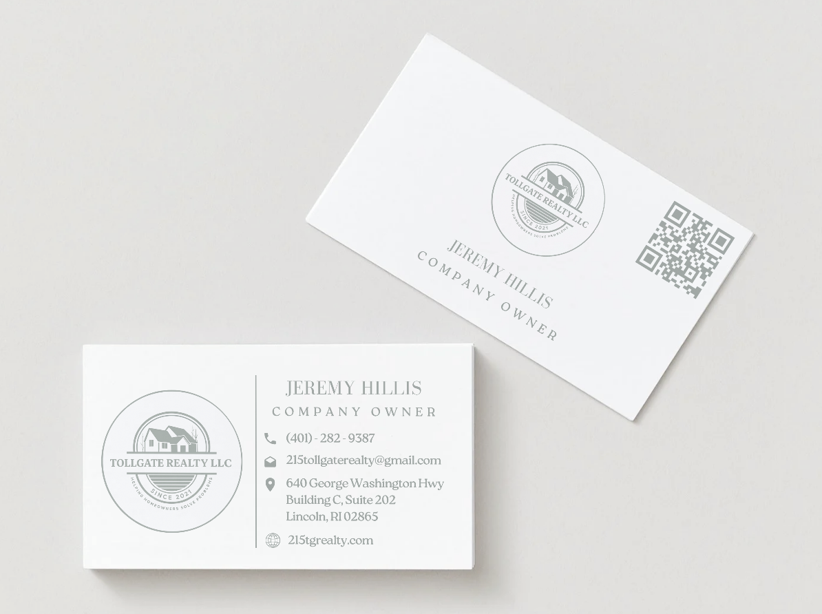 Business cards for Tollgate Realty LLC, featuring logo, contact information, and QR code.