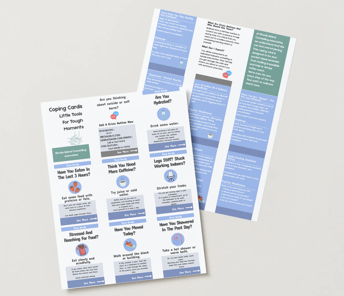 A printed information pamphlet about mental health and wellness, including tips for managing stress, hydration, exercise, and mental health resources, with sections on crisis hotlines, mindfulness practices, and self-care.
