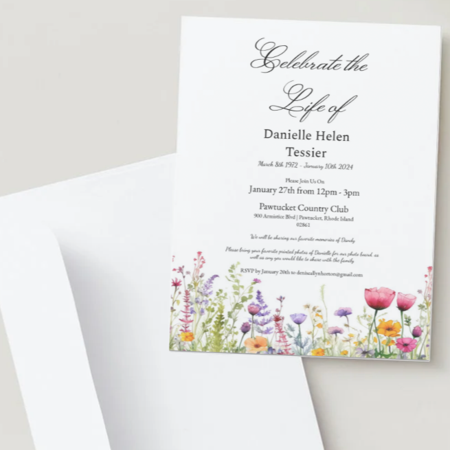 Floral birthday or memorial invitation with colorful flowers at the bottom and elegant script text.