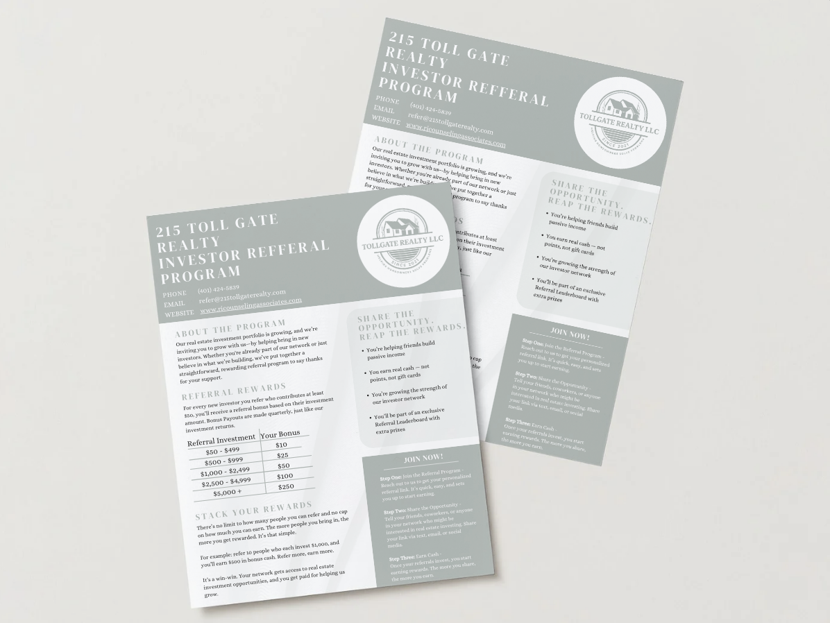 Flyer for 215 Toll Gate Realty LLC Investor Referral Program, featuring contact information, program details, referral rewards, and membership steps.