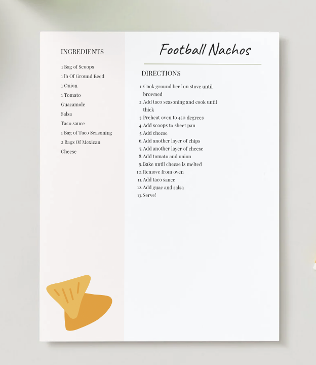 Recipe for football nachos on white board, listing ingredients and instructions with a small nacho chip illustration at the bottom left.
