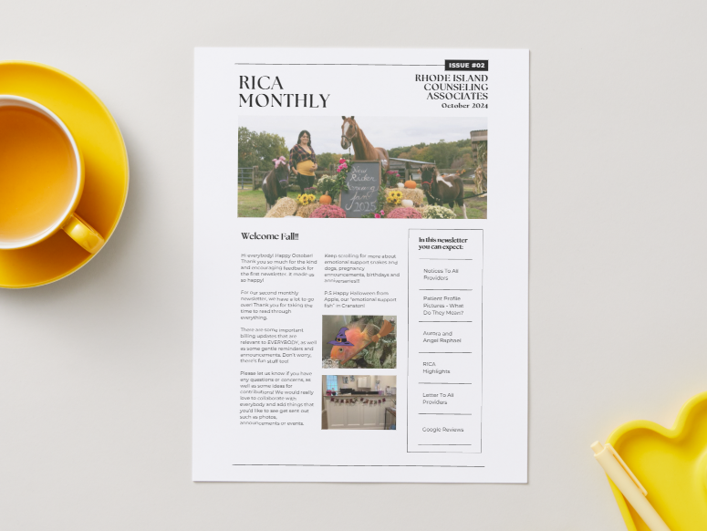 Newsletter titled "RICA Monthly" from Rhode Island Counseling Associates featuring a photo of a woman riding a horse in a farm setting with flowers, and sections with text about updates and events.