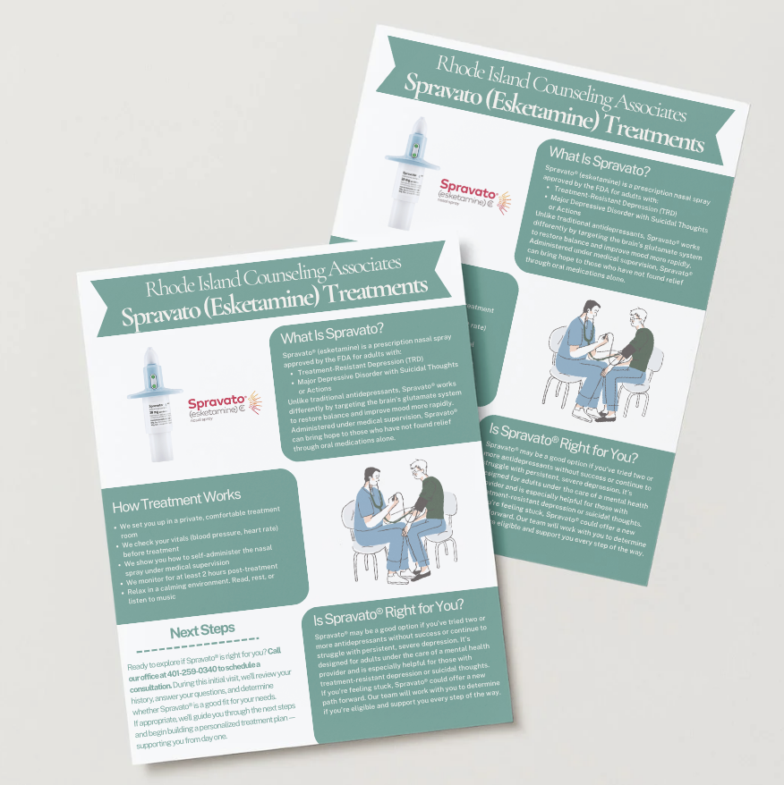 Flyer for Rhode Island Counseling Associates promoting Spravato (Esketamine) treatments, featuring information about the treatment, how it works, next steps, and who it is right for, with illustrations of a medical consultation.