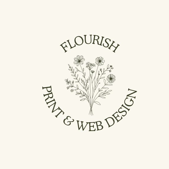 A logo featuring a bouquet of flowers with the words 'Flourish Print & Web Design' arranged around it in a circular pattern.