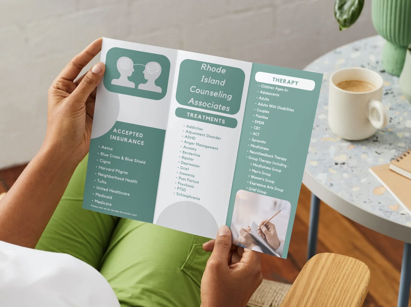 Brochure for Rhode Island Counseling Associates listing accepted insurance providers, treatments, and therapy options.