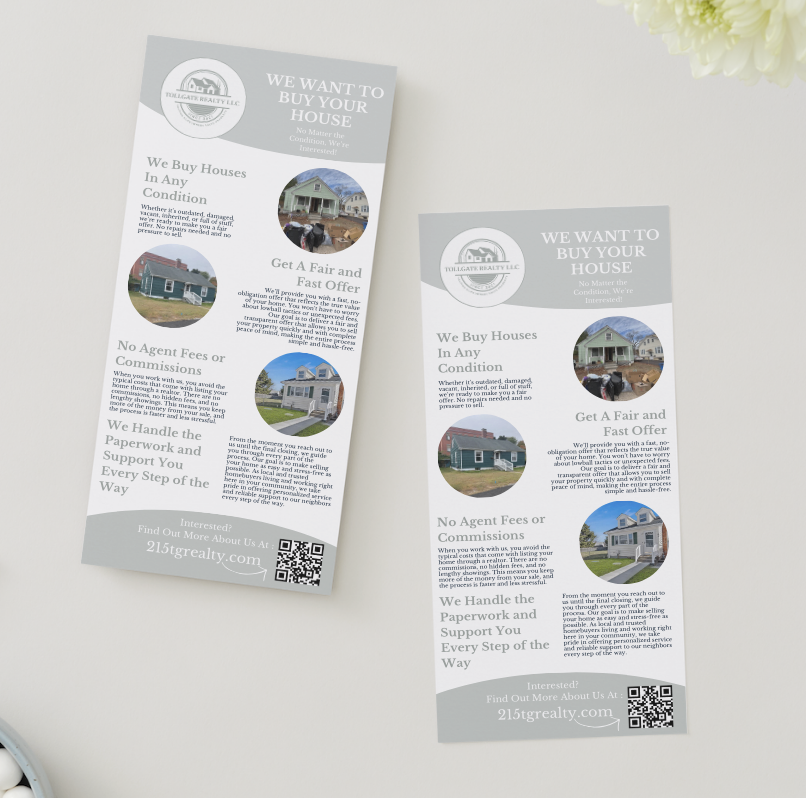 Two real estate flyers from Tuligart Realty LLC, advertising house buying services, including no agent fees, fair offers, and handling paperwork, with photos of houses and a QR code.