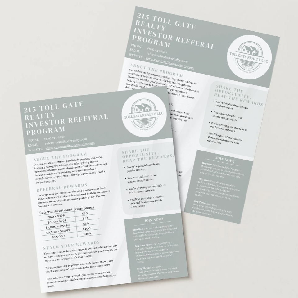 Two flyers on a light surface, advertising the Toll Gate Realty LLC Investor Referral Program, with contact information, program details, referral rewards, and steps to join.