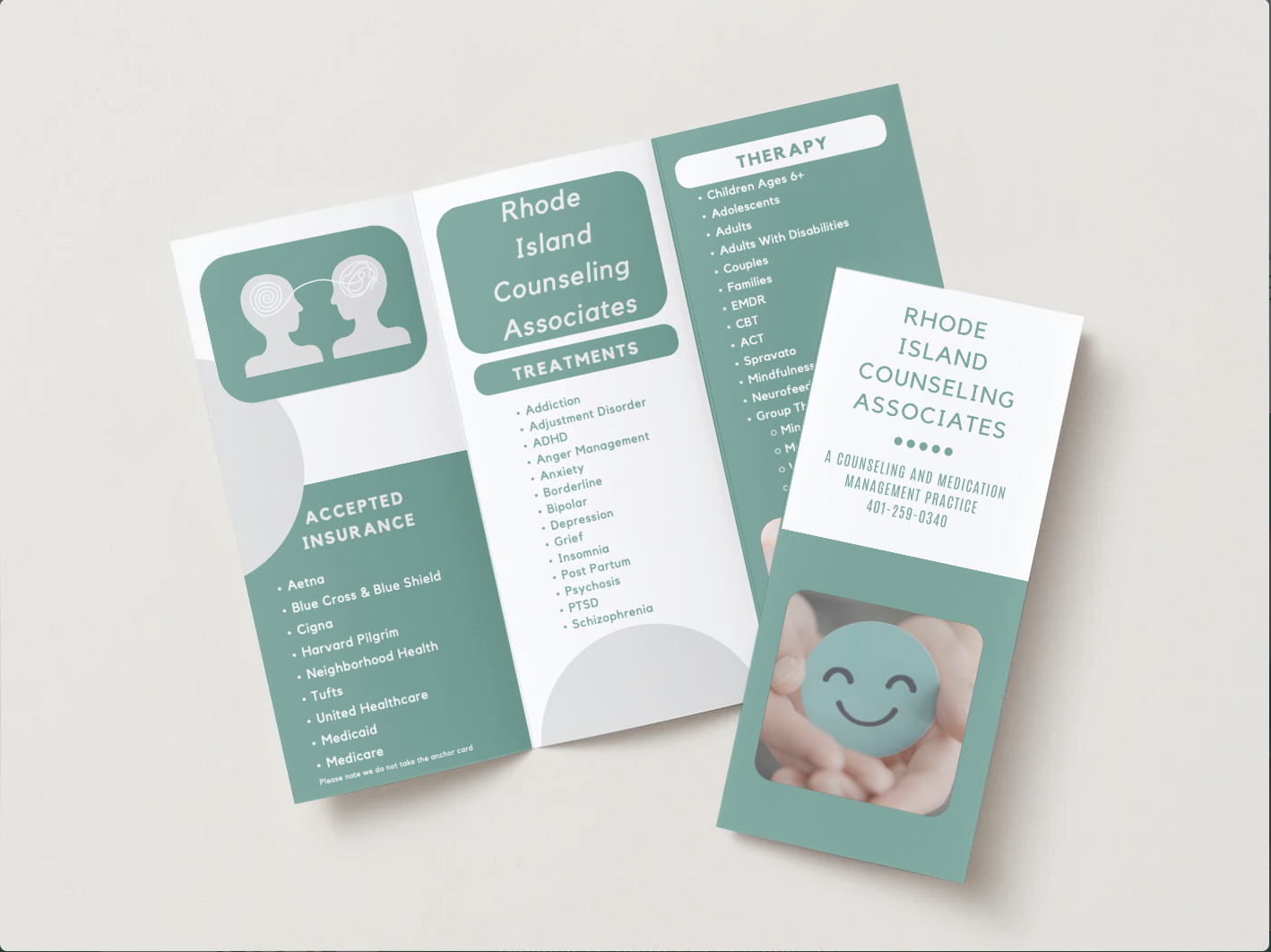 A brochure and a flyer for Rhode Island Counseling Associates with information about treatments, insurance, and therapy services, featuring an icon of two connected heads and a smiling face photo on the flyer.