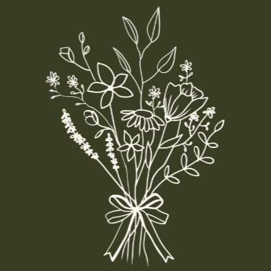 White line drawing of a bouquet of various flowers and leaves tied with a ribbon, on a dark green background.
