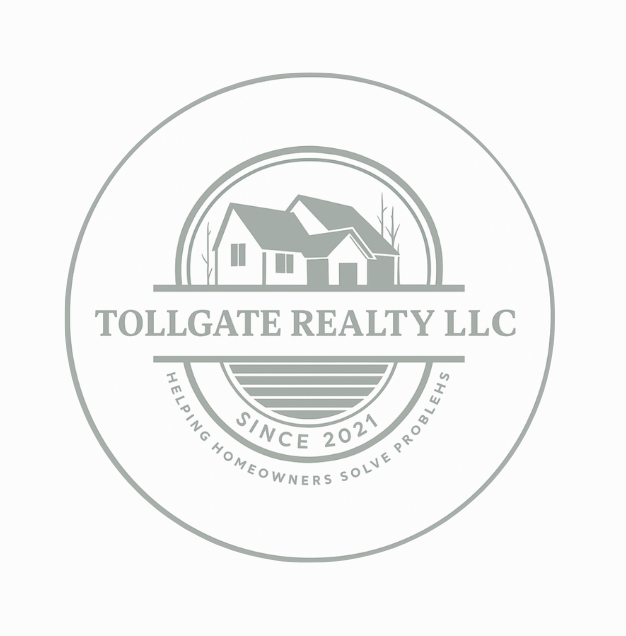 A logo for Tollgate Realty LLC featuring a house, trees, and water, with text indicating the company's name, establishment year, and slogan about helping homeowners solve problems.