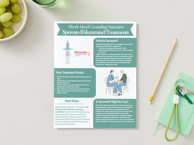 Informational flyer about Spravato (esketamine) treatments by Rhode Island Counseling Associates, including how the treatment works, what Spravato is, and next steps for patients.