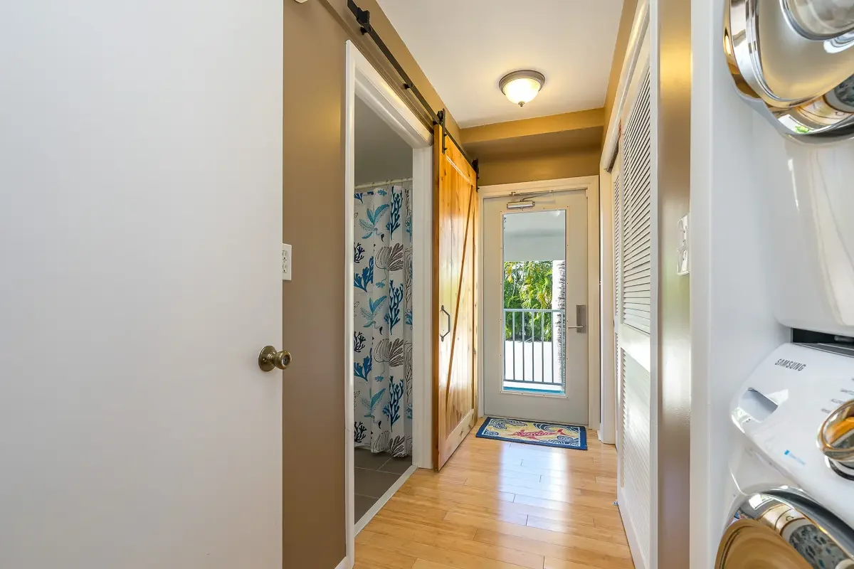 Entryway with a glass door leading outside, wooden sliding door, laundry appliances, small colorful rug, and tropical greenery visible through the door window.