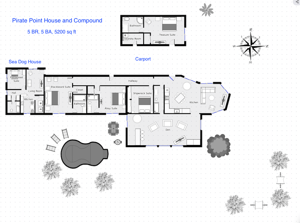 Floor plan of a large house with multiple suites, living and kitchen areas, a den, outdoor pool, and several trees.