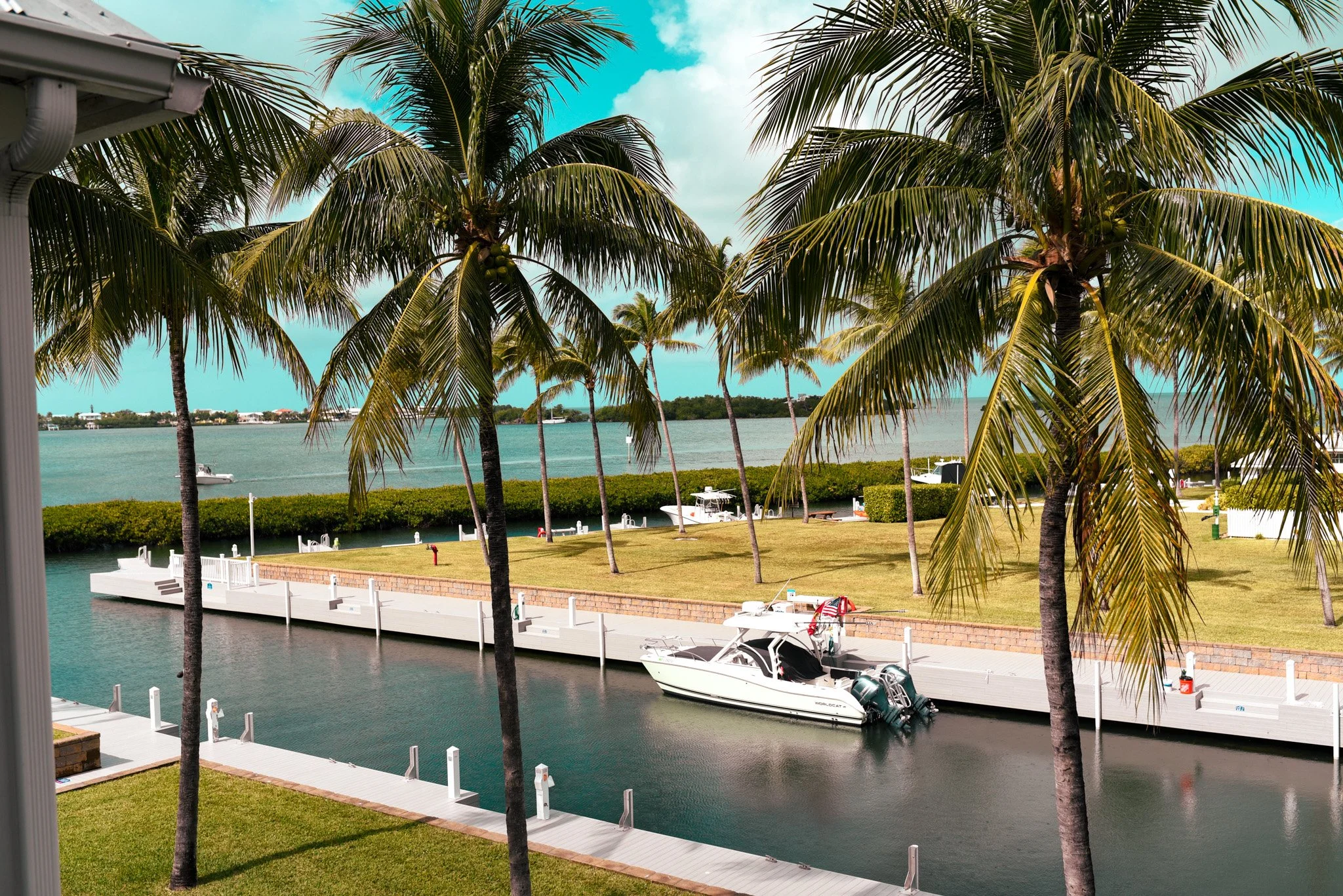A scenic view of a marina with palm trees, boats docked along a canal, and a grassy area with a clear blue sky.