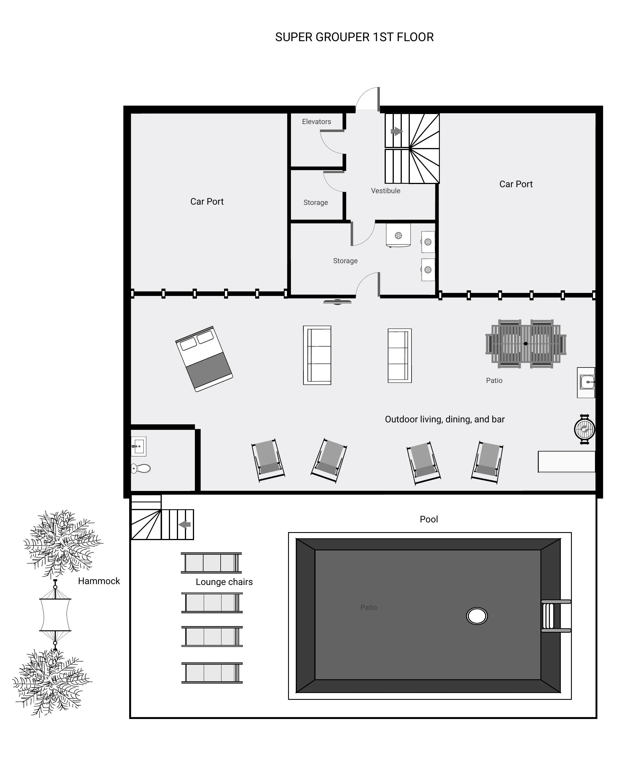 Floor plan of an outdoor living space with a pool, lounge chairs, hammock, patio dining area, bar, storage rooms, car ports, elevators, a vestibule, stairs, and a small bathroom.