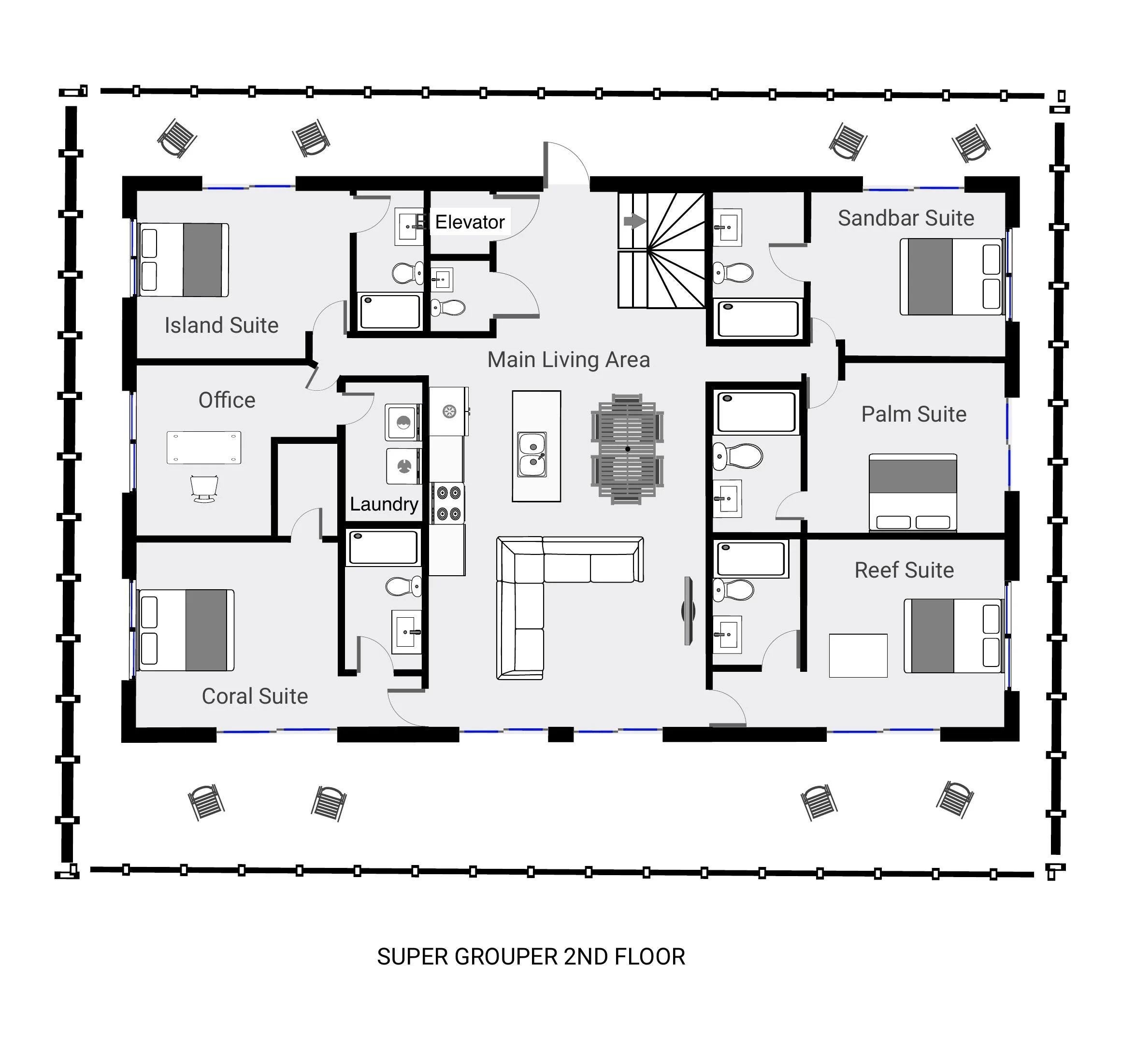 Floor plan of a second-floor layout labeled 'Super Grouper 2nd Floor'. It features multiple suites, an office, laundry room, main living area with a kitchen and seating, and outdoor seating areas.