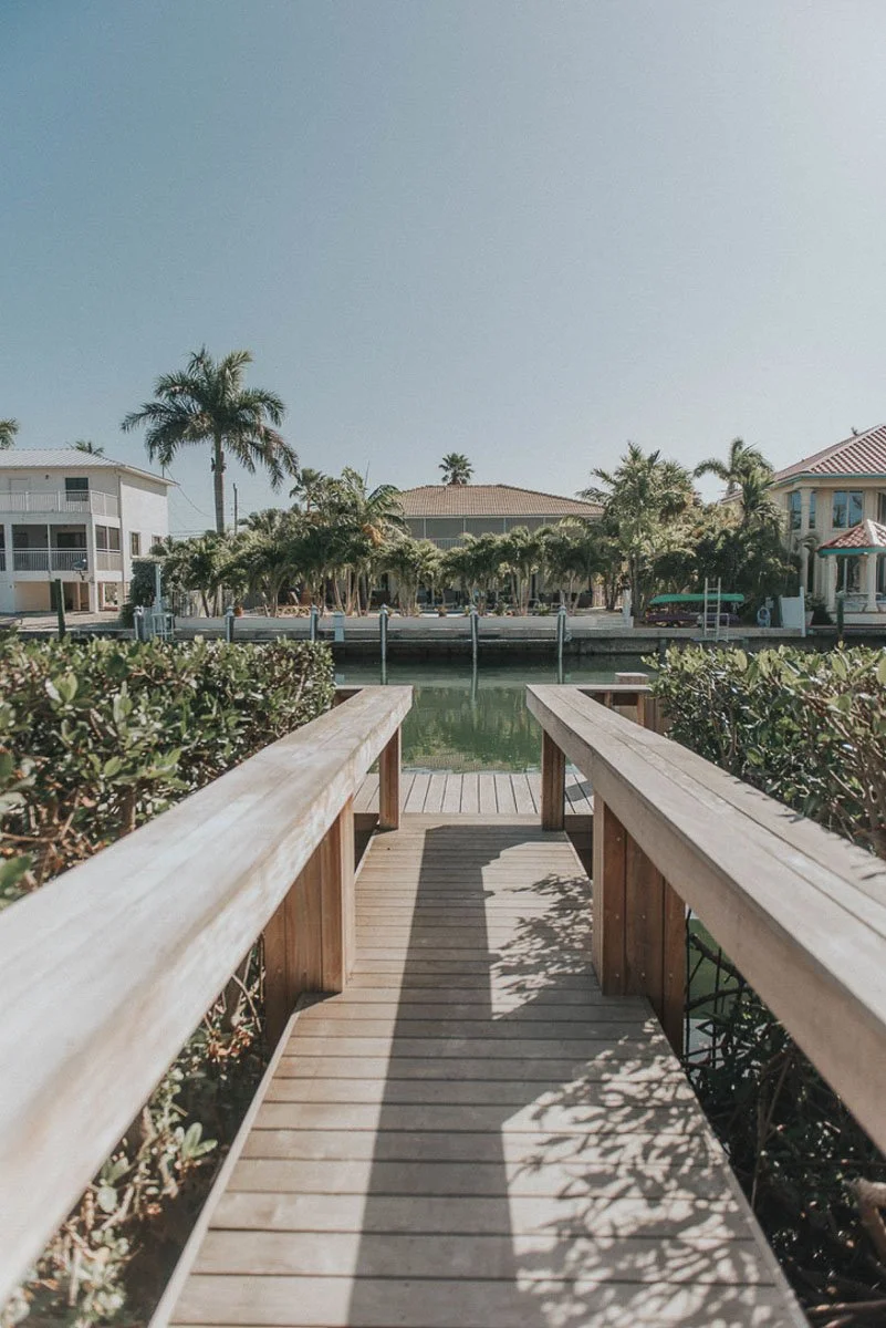 A wooden pathway leading to a dock over a canal, bordered by bushes and flanked by residential buildings with palm trees in the background.