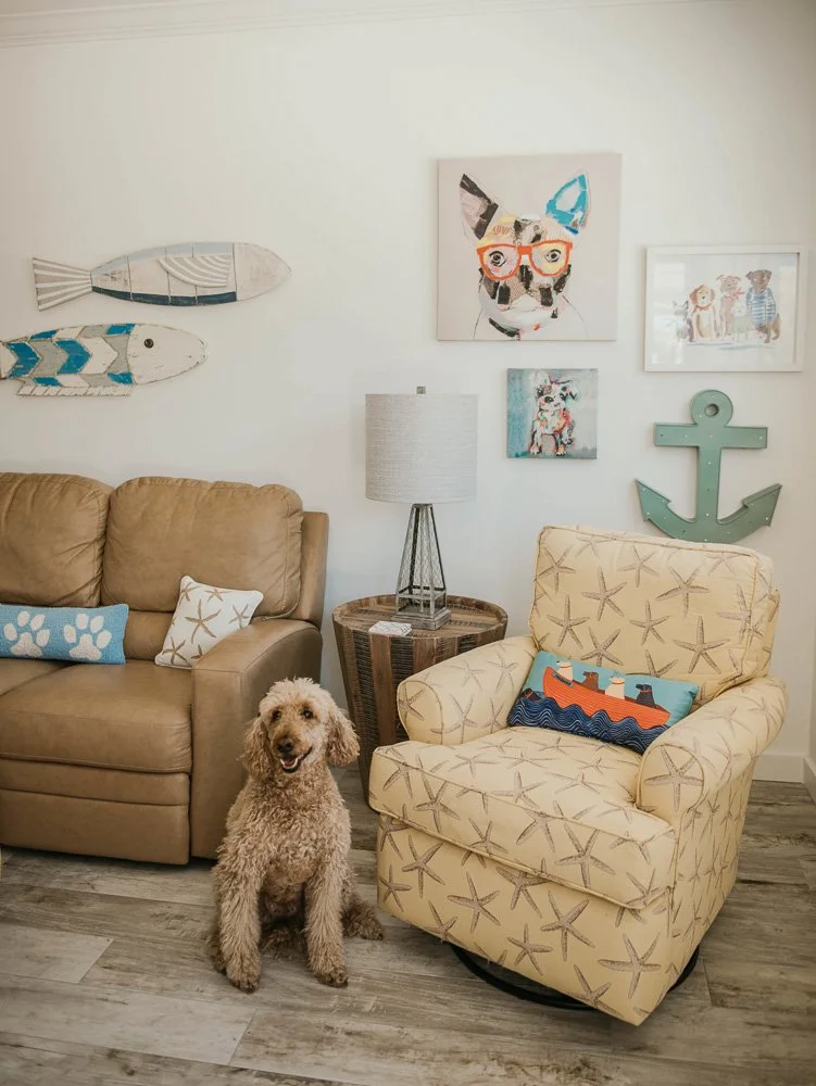 Living room with a beige sofa, a patterned armchair with a nautical pillow, a dog sitting on the floor, wall art including fish, a dog with glasses, children, an anchor, and a lamp on a side table.