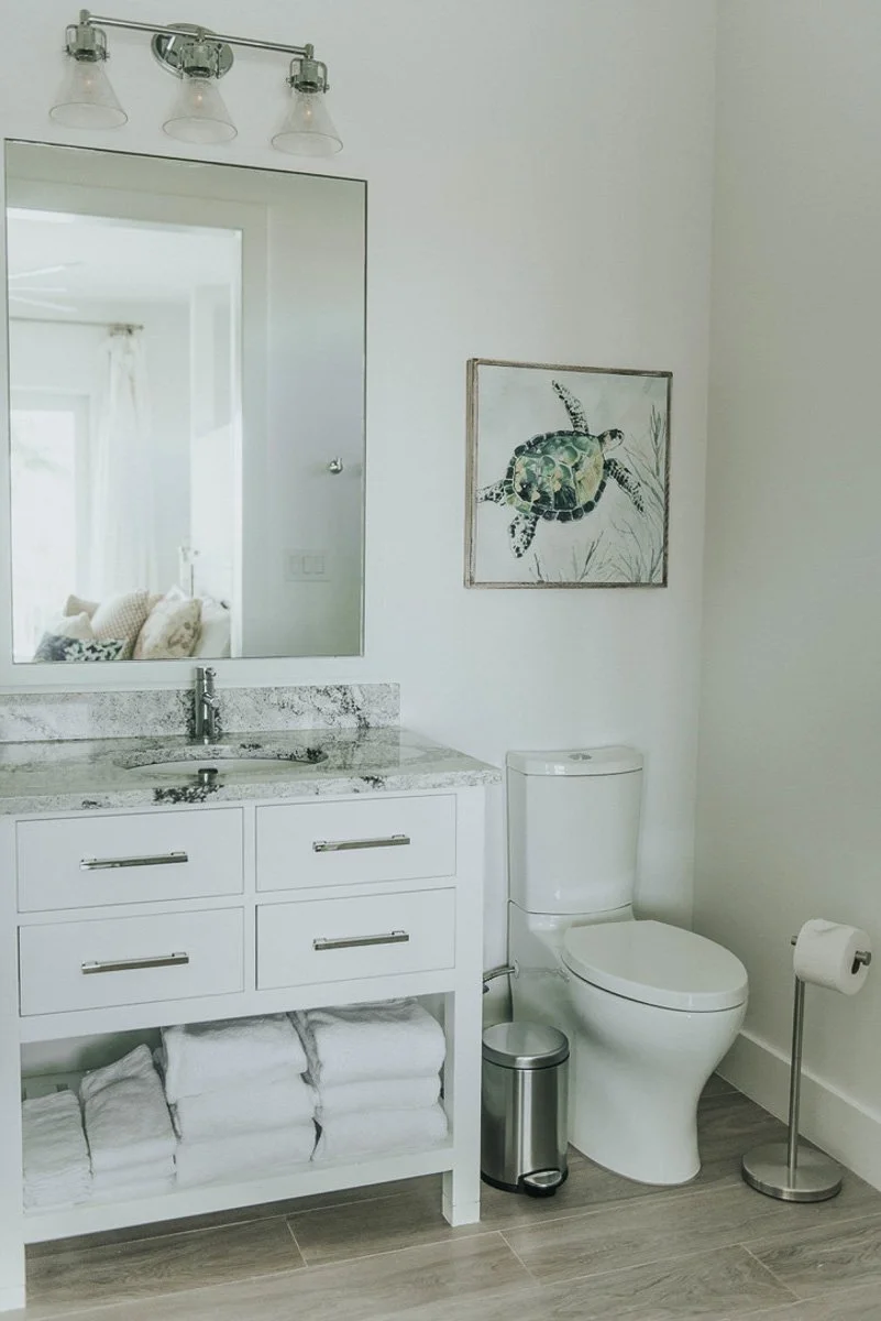 Bathroom with white vanity, marble countertop, large mirror, wall-mounted light fixture, toilet, bathroom rug, framed turtle art, towel storage, and trash can.