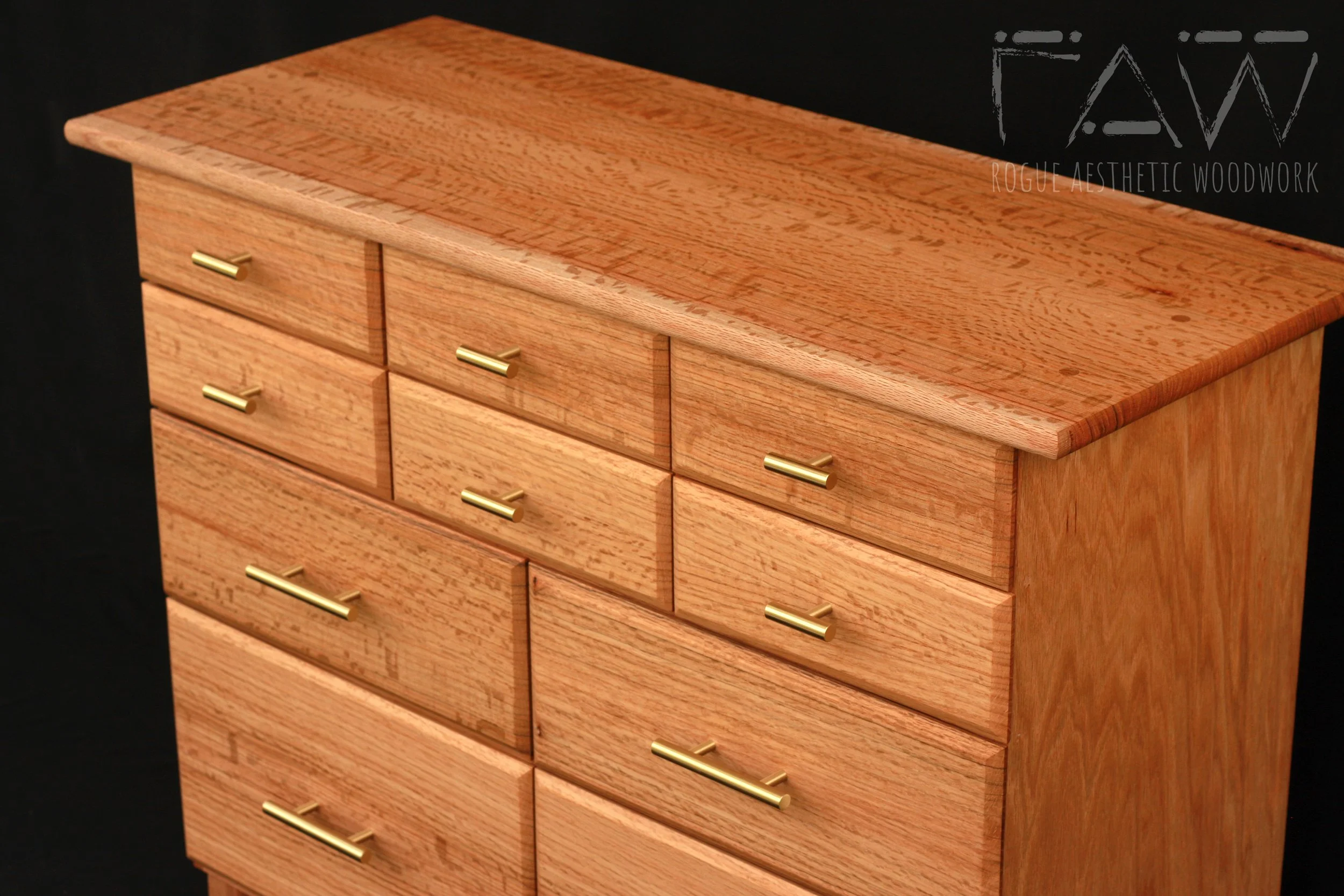 bespoke quarter sawn solid bookmatched natural finish oak dresser designed and built by Rogue Aesthetic Woodwork