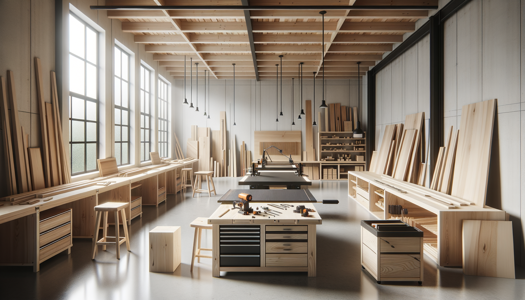 Woodworking workshop with large windows, wooden workbenches, tools, and stacked wood.
