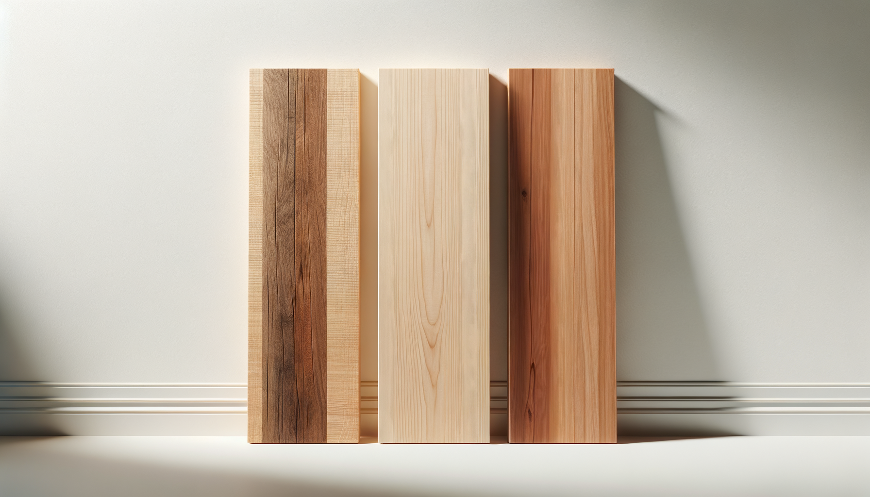 Three wooden planks standing upright against a white wall, casting a shadow to the right.