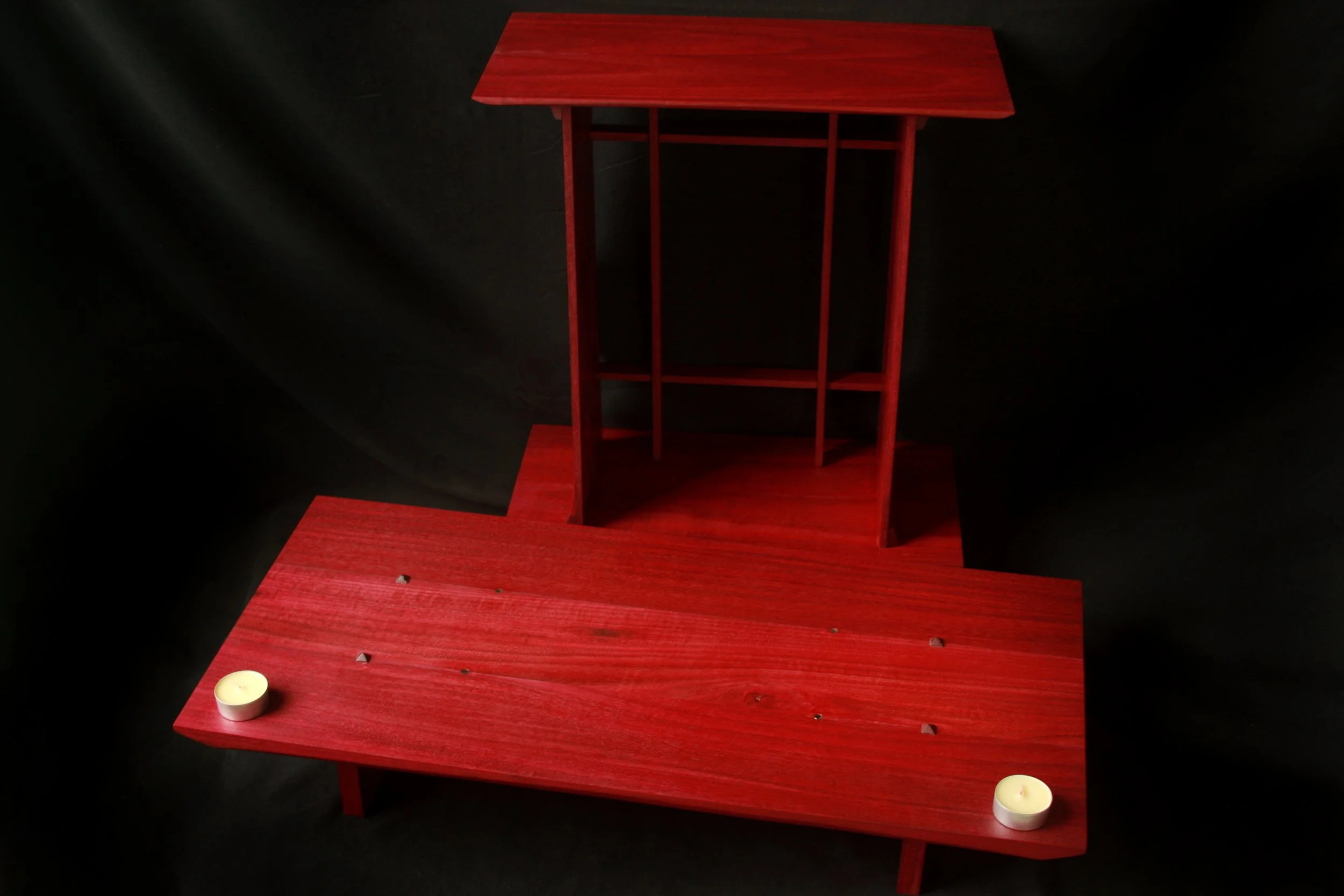 solid purpleheart altar featuring a crosshatched grid of purpleheart. beautiful thin walls and hand cut chamfers. features handcut details