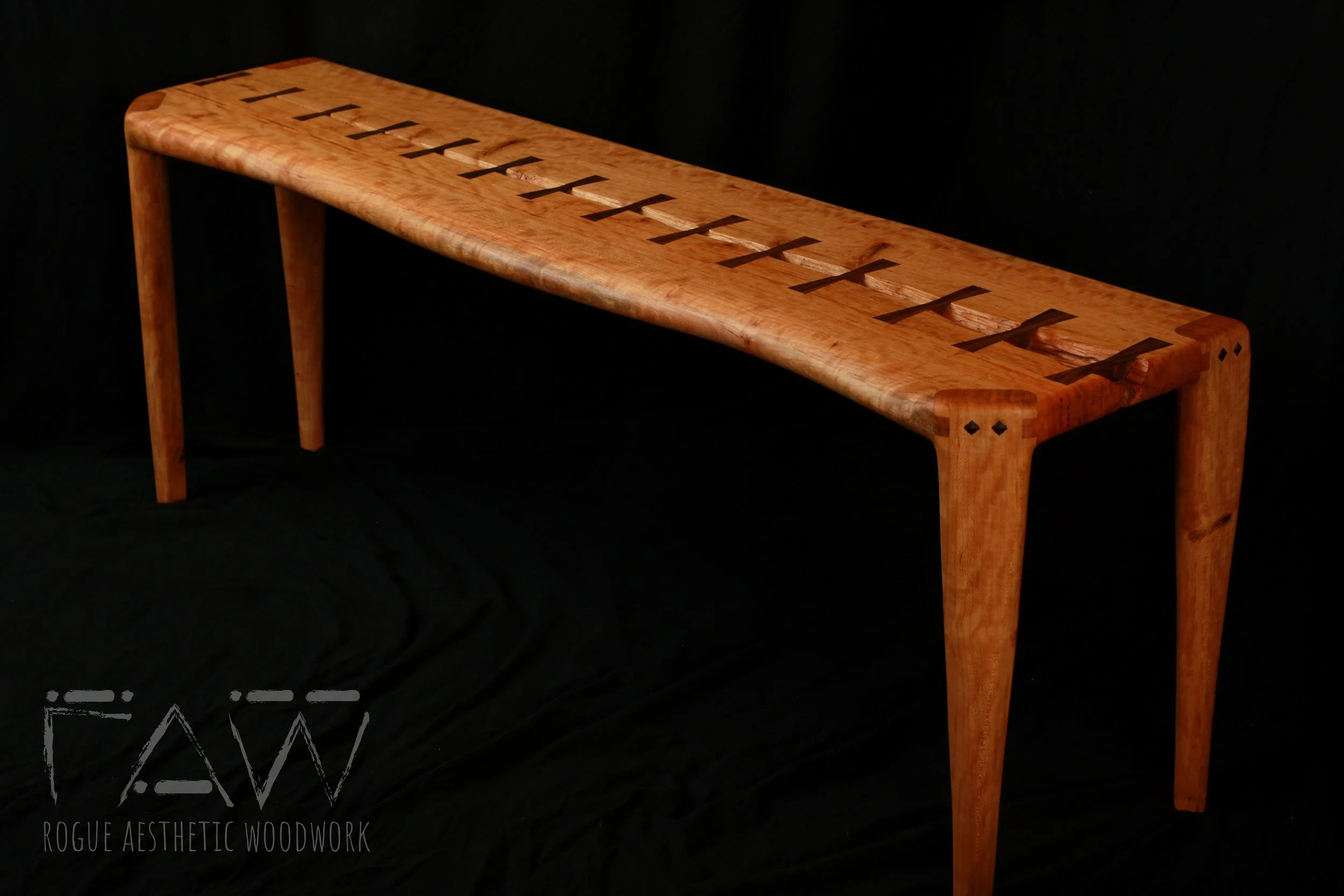 cherry and black walnut shoe bench entryway bench sculpted maloof joint legs with diamond inlay. bowtie splines