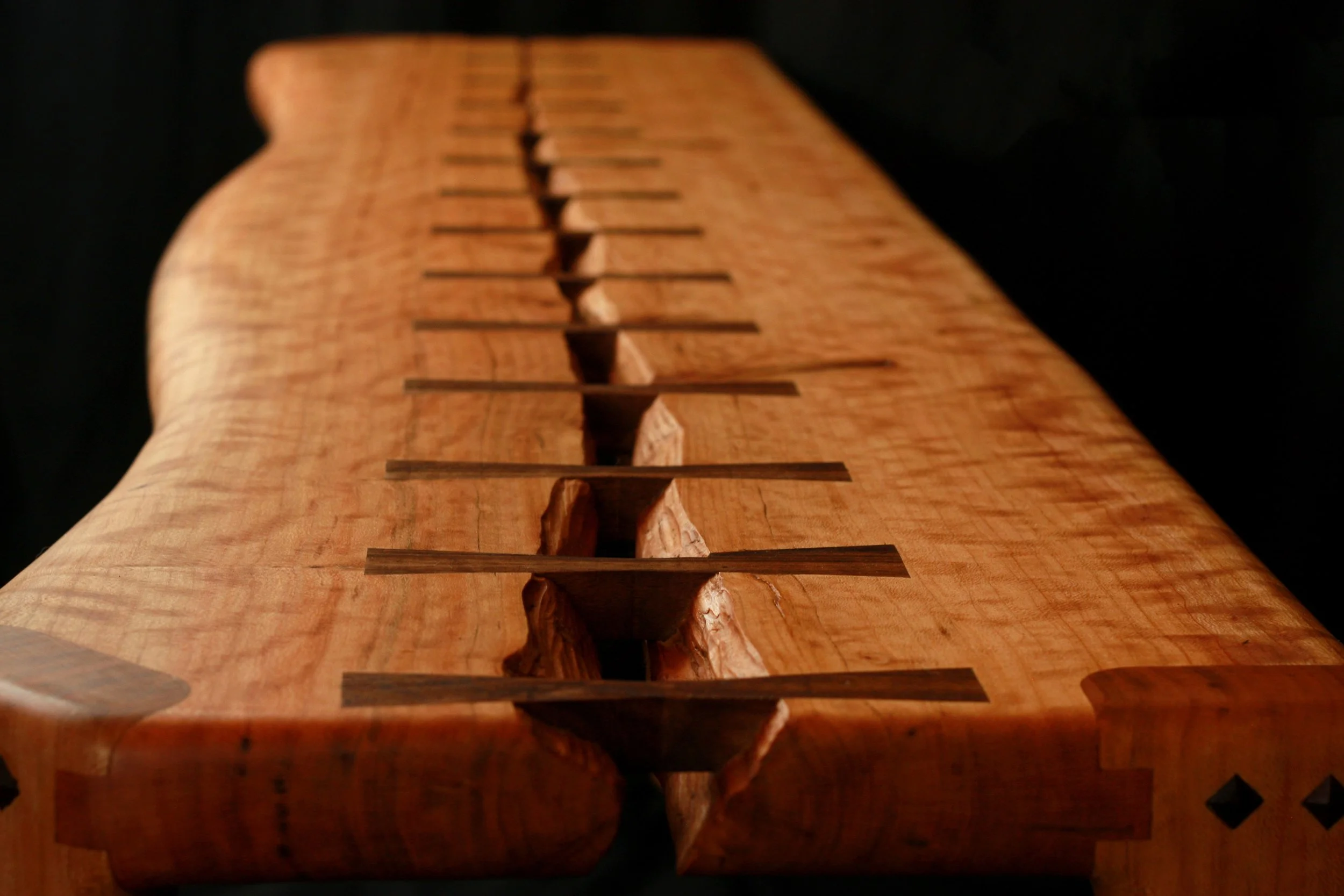 cherry and black walnut shoe bench entryway bench sculpted maloof joint legs with diamond inlay. bowtie splines