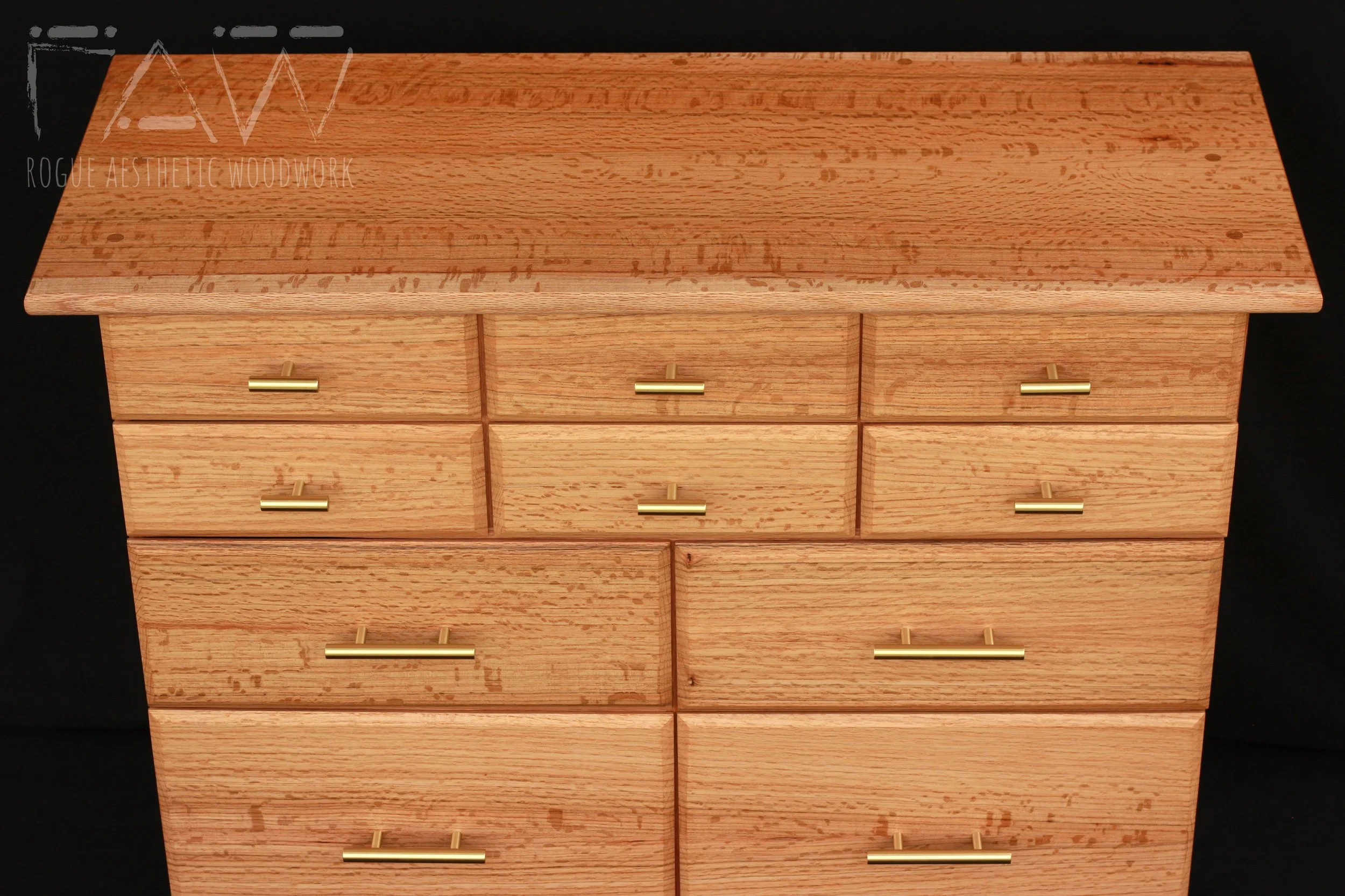 bespoke quarter sawn solid bookmatched natural finish oak dresser designed and built by Rogue Aesthetic Woodwork