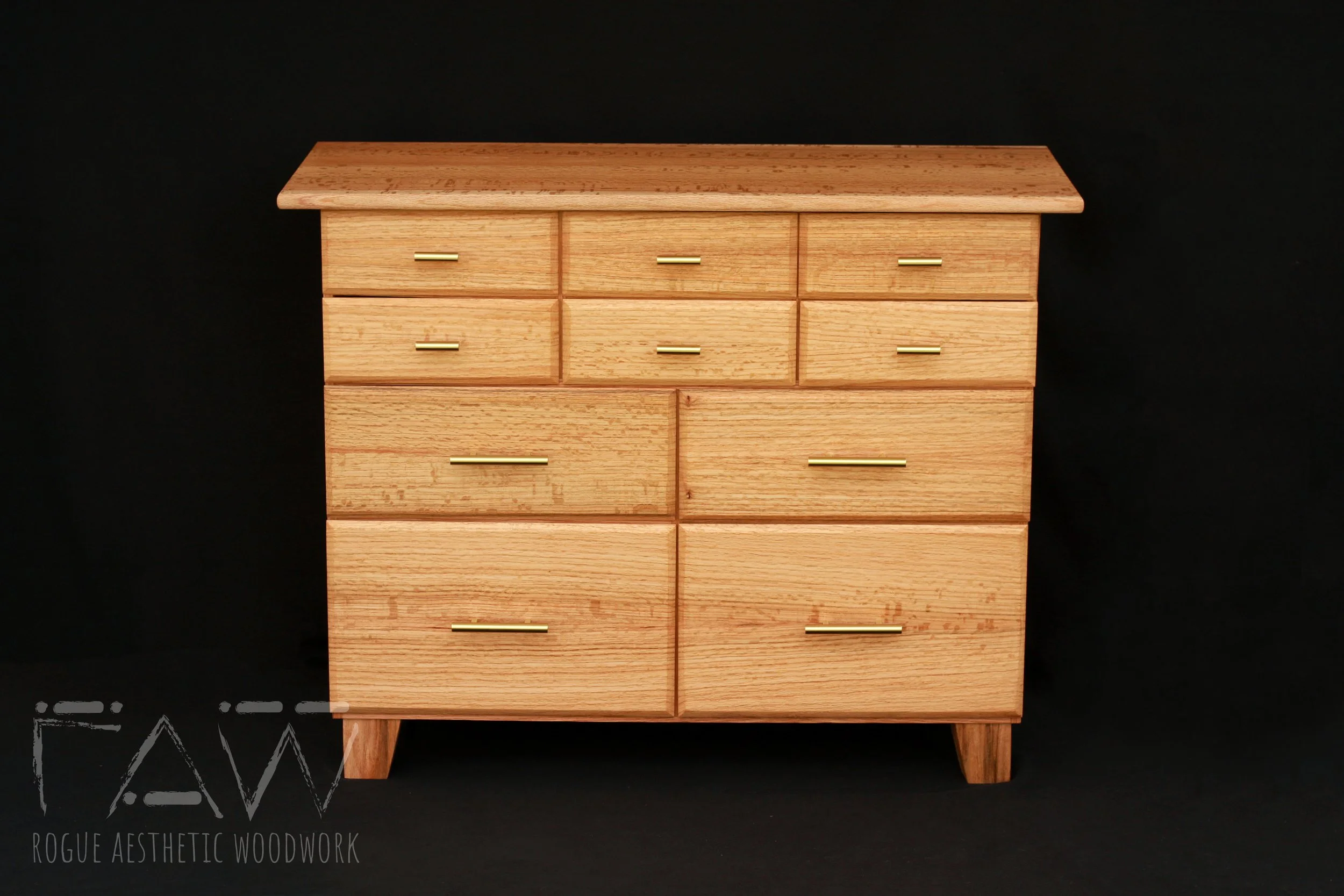 bespoke quarter sawn solid bookmatched natural finish oak dresser designed and built by Rogue Aesthetic Woodwork
