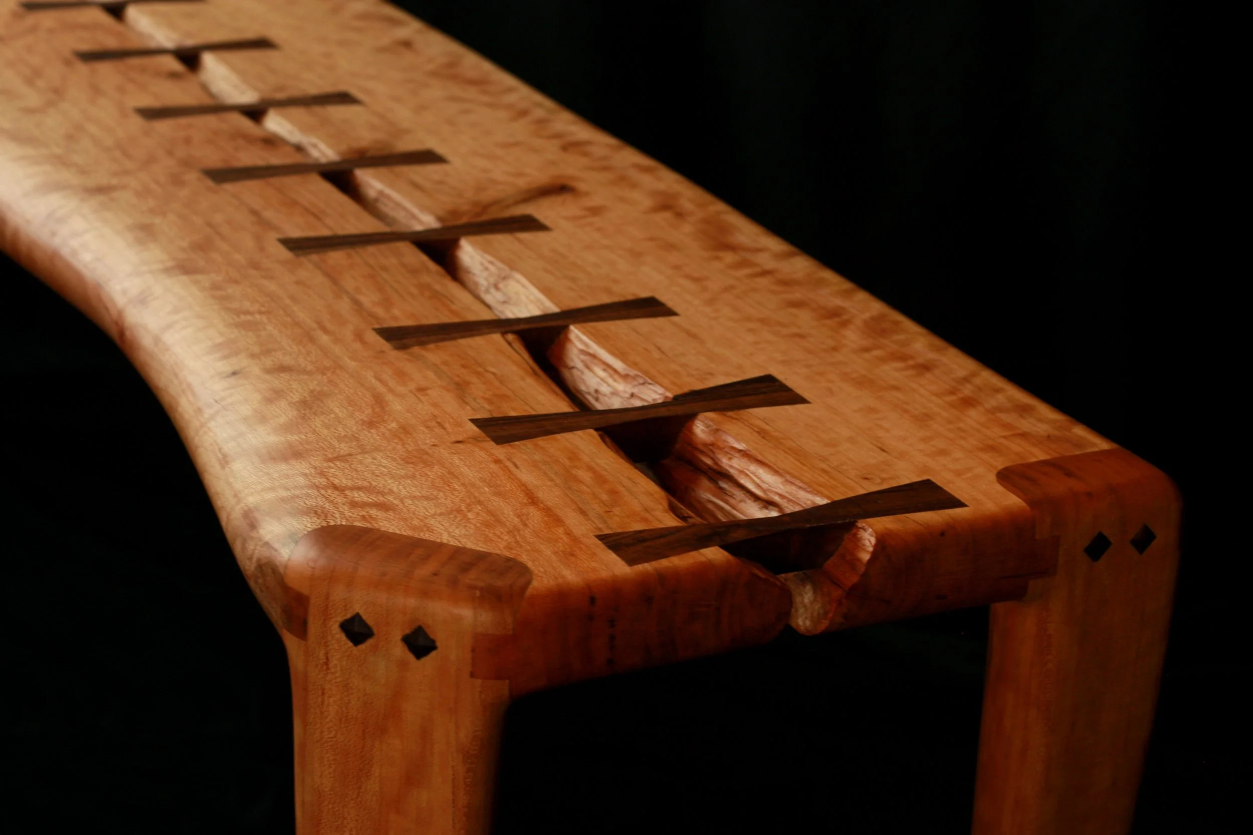 cherry and black walnut shoe bench entryway bench sculpted maloof joint legs with diamond inlay. bowtie splines
